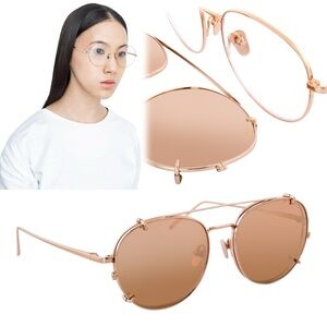 Linda Farrow Rose Gold Round Aviator Clip On Optical Sunglasses LFL646 C3 SUN